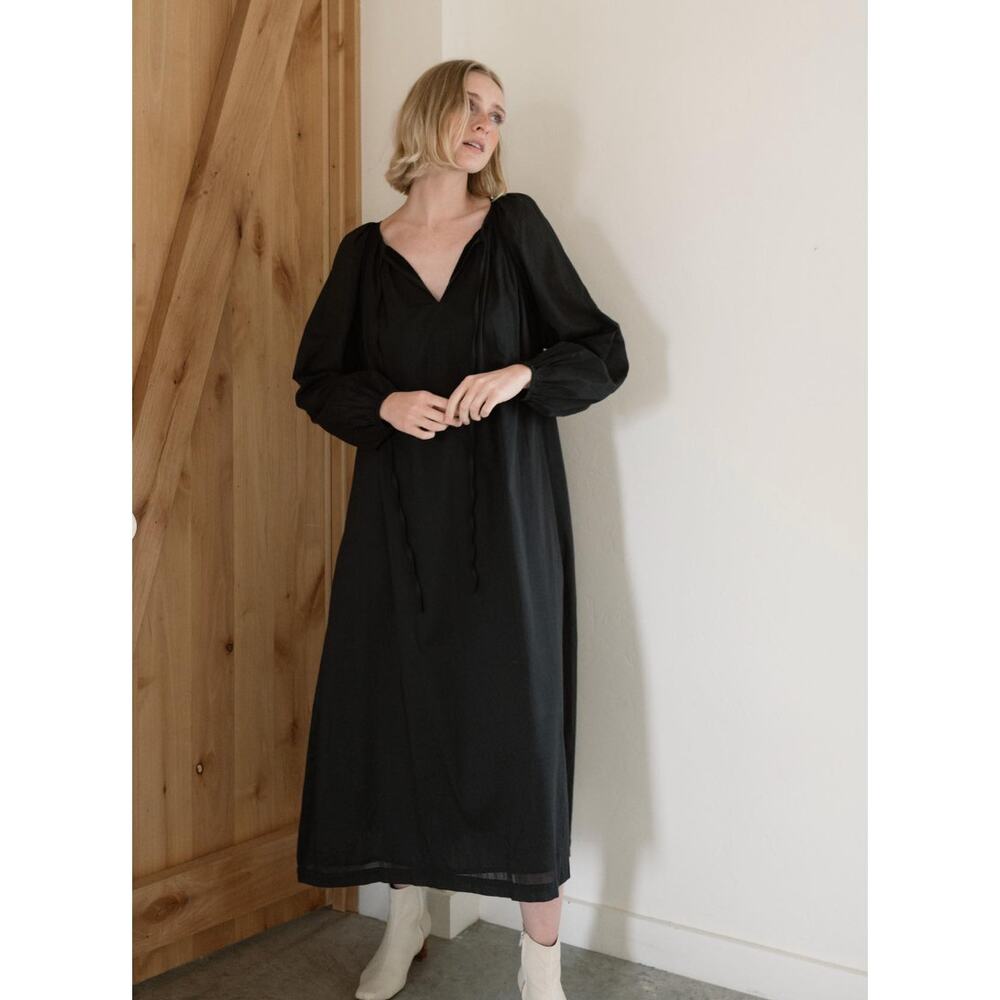 Laude the Label Black Minimal Organic Cotton Emille Long Sleeve Tie Neck Dress S